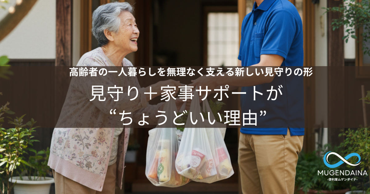 便利屋スタッフが高齢者の一人暮らし宅で買い物代行を行い、玄関前で買い物袋を手渡している見守りサポートの様子（奈良県香芝市）