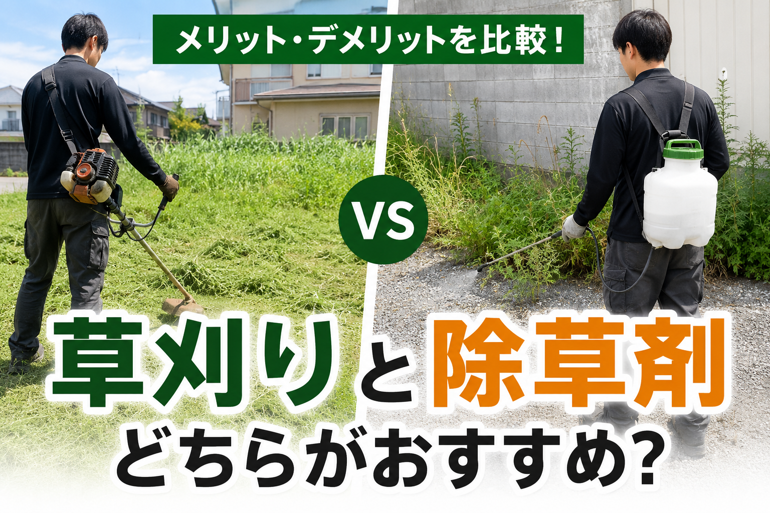 草刈り作業と除草剤による雑草対策を比較したイメージ